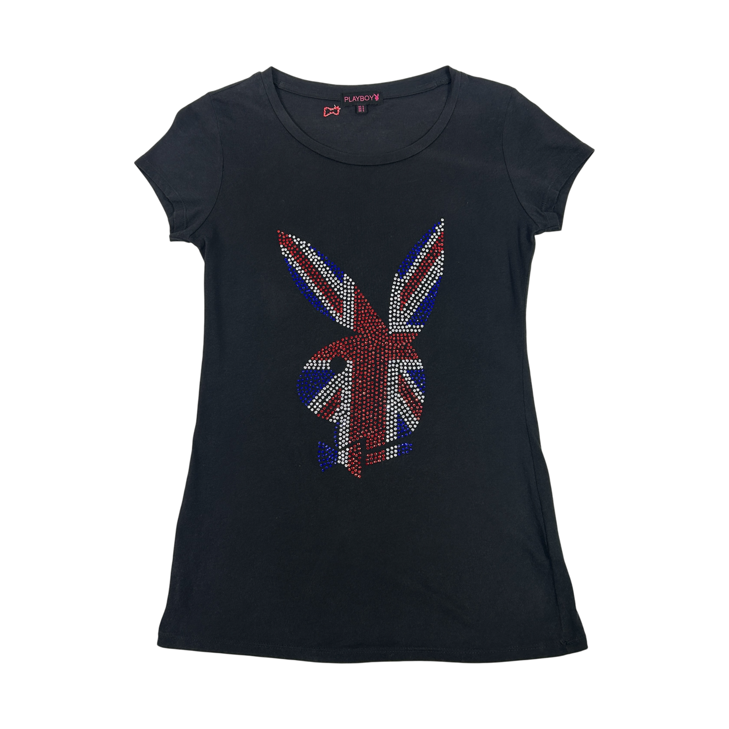 Black Union Jack Rhinestone Playboy Top - Size S