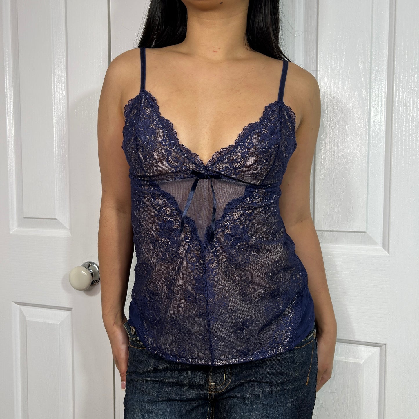 Navy Blue Sheer Lace Camisole - Size S