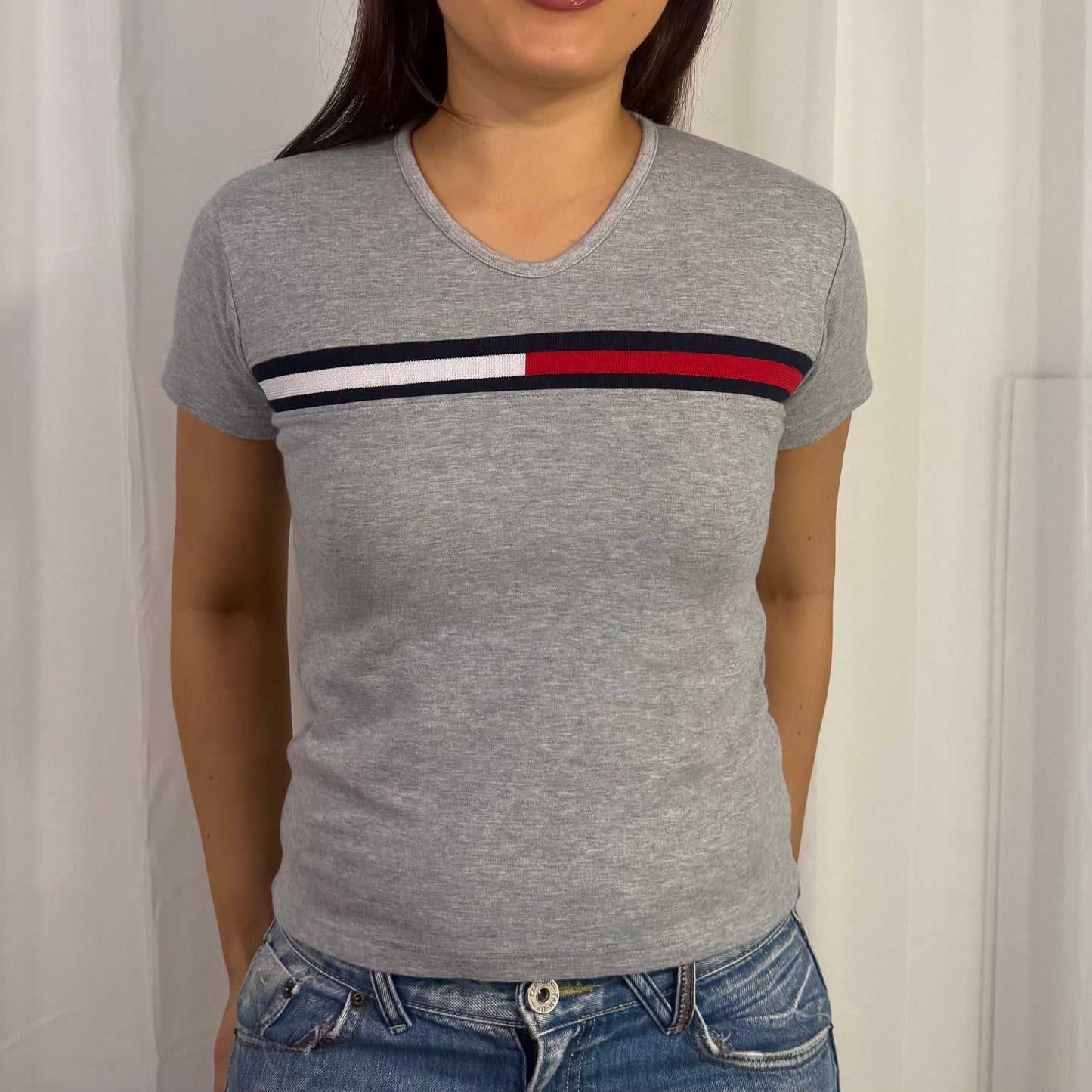 Tommy Jeans Grey Striped Babytee - Size S/M