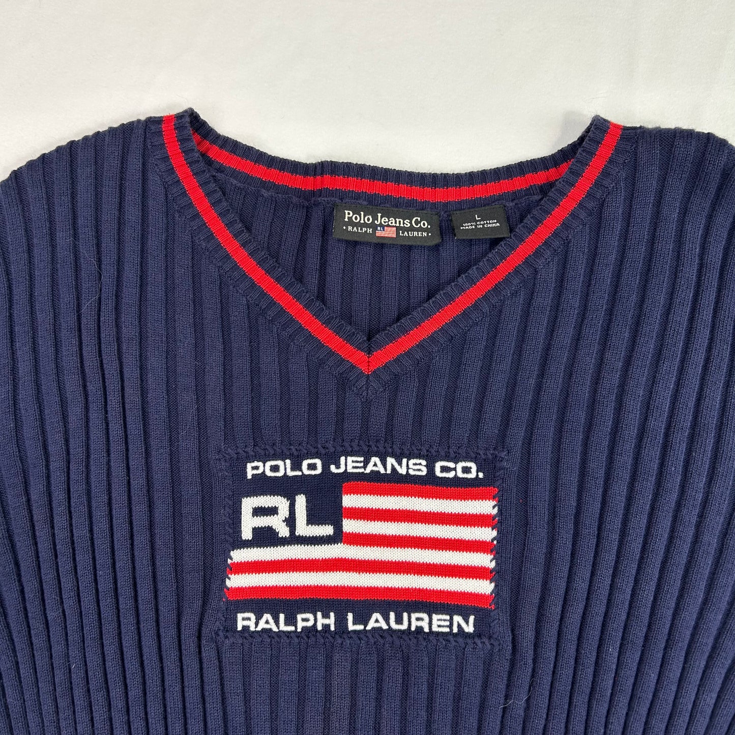 Vintage Navy Blue Polo Jeans Flag Sweater - Size S/M