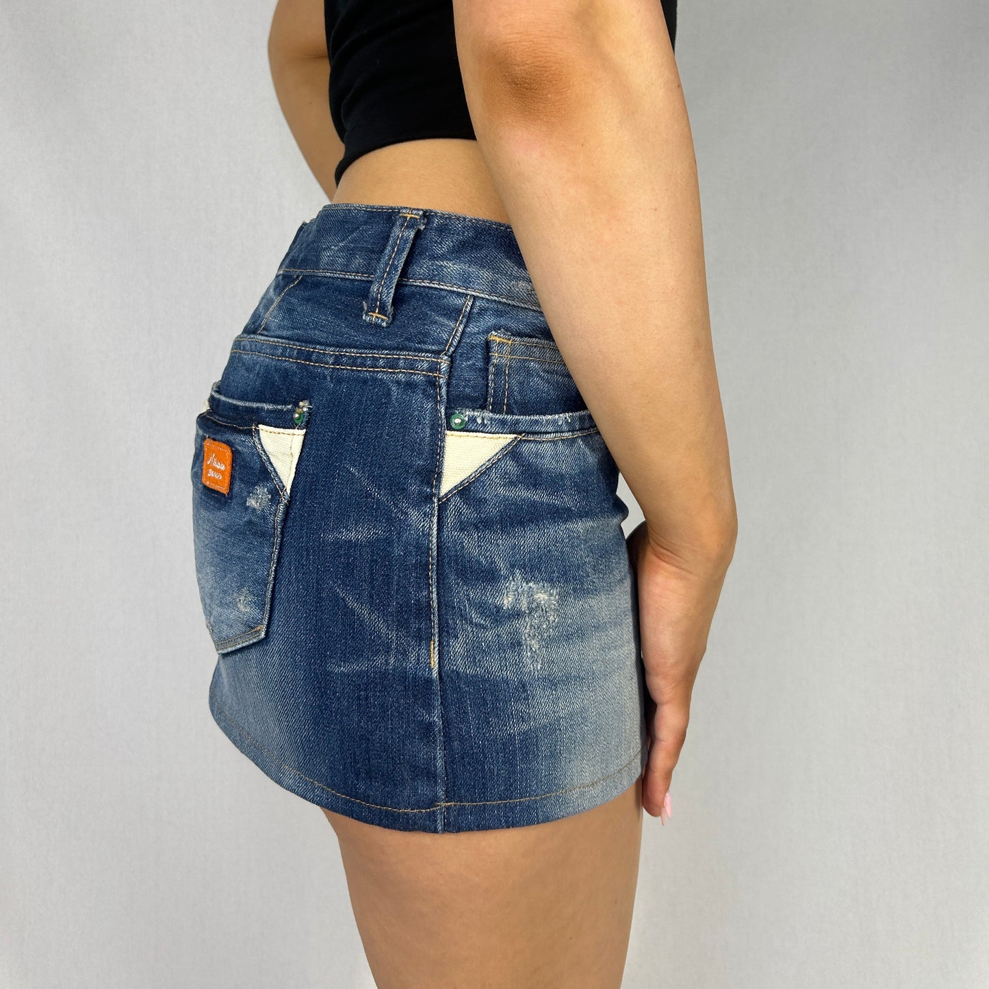 Distressed Denim Mini Skirt - Size M