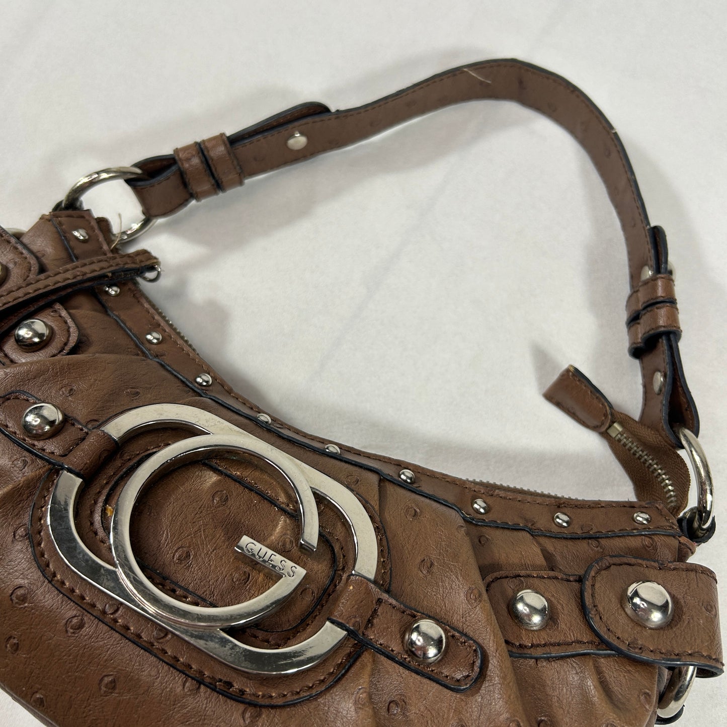 Guess Brown Ostrich Embossed Faux Leather Shoulder Bag