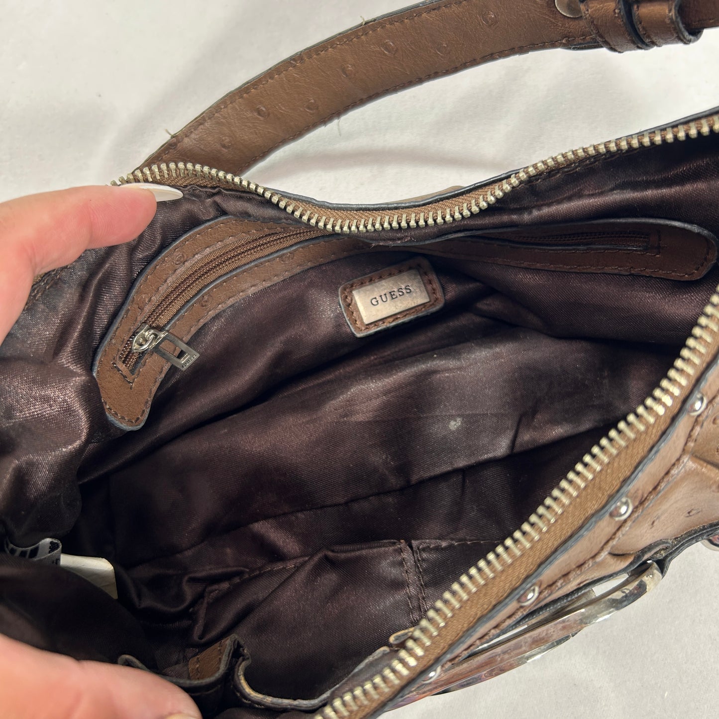 Guess Brown Ostrich Embossed Faux Leather Shoulder Bag