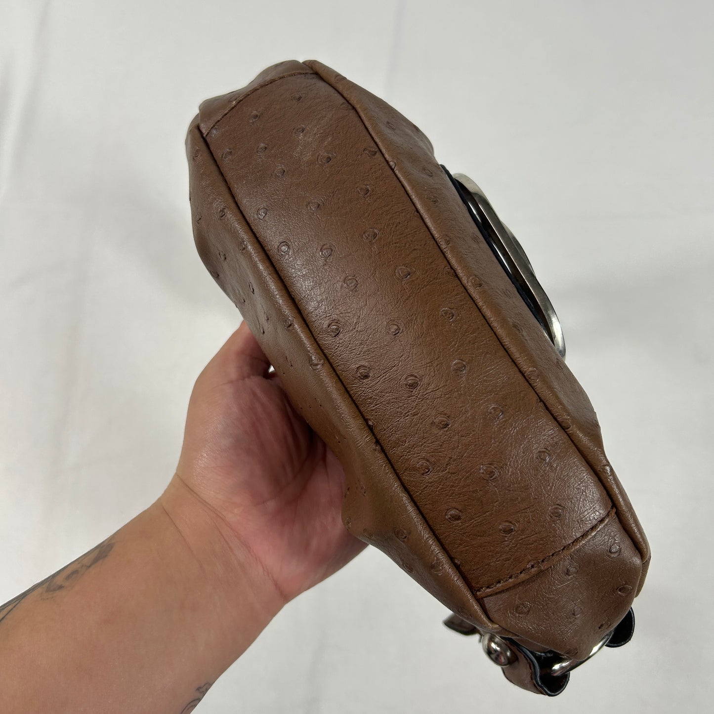 Guess Brown Ostrich Embossed Faux Leather Shoulder Bag