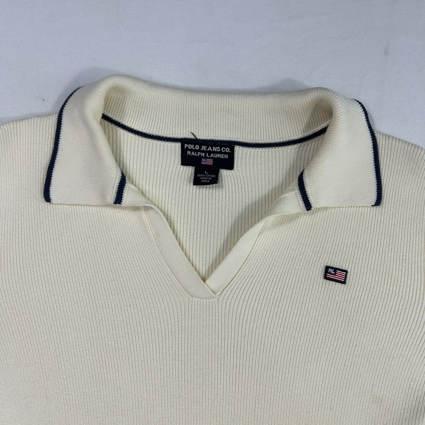 White Polo Jeans V-Neck Long Sleeve Knit - Size M/L