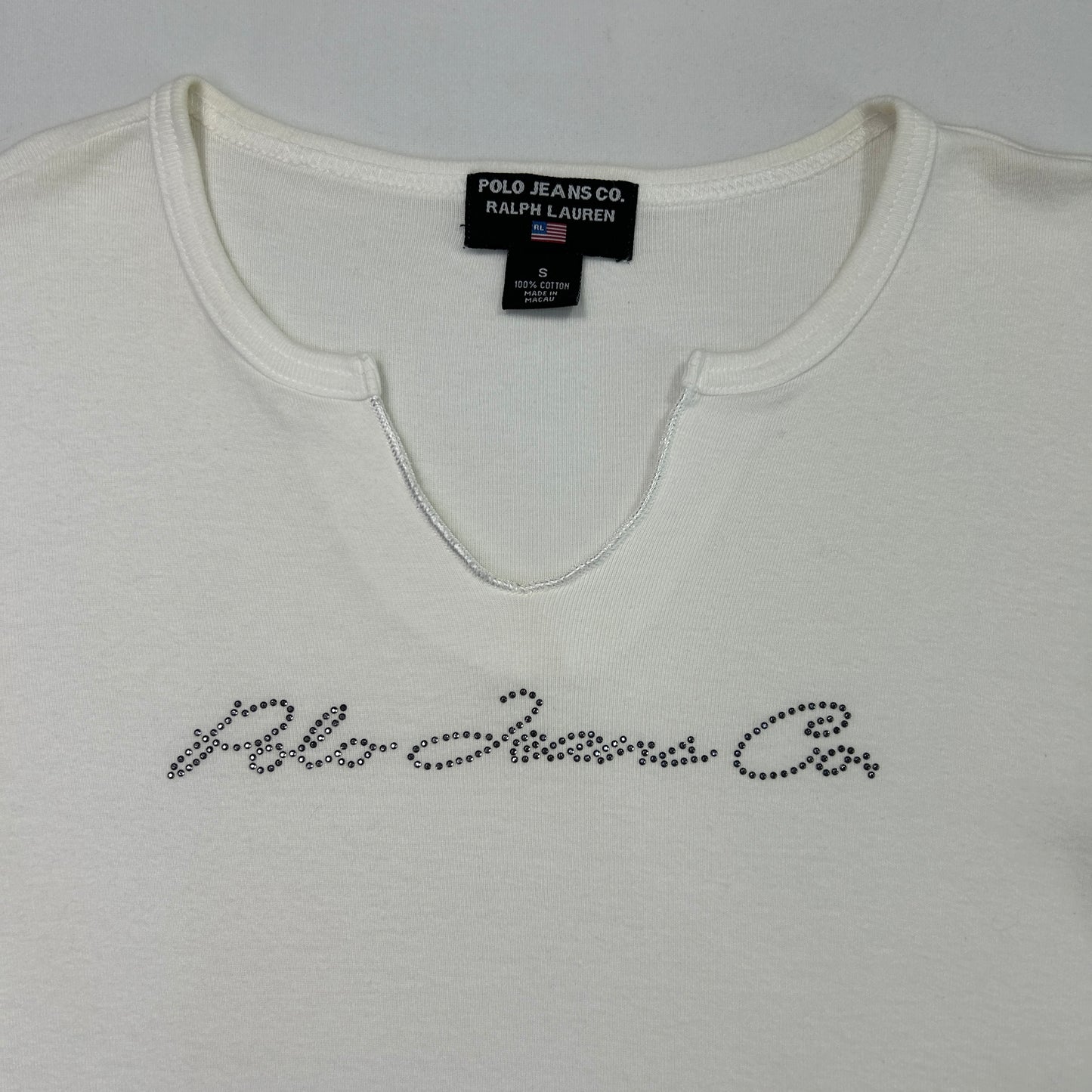 Vintage Rhinestone Polo Jeans V-Neck Baby Tee - Size S/M
