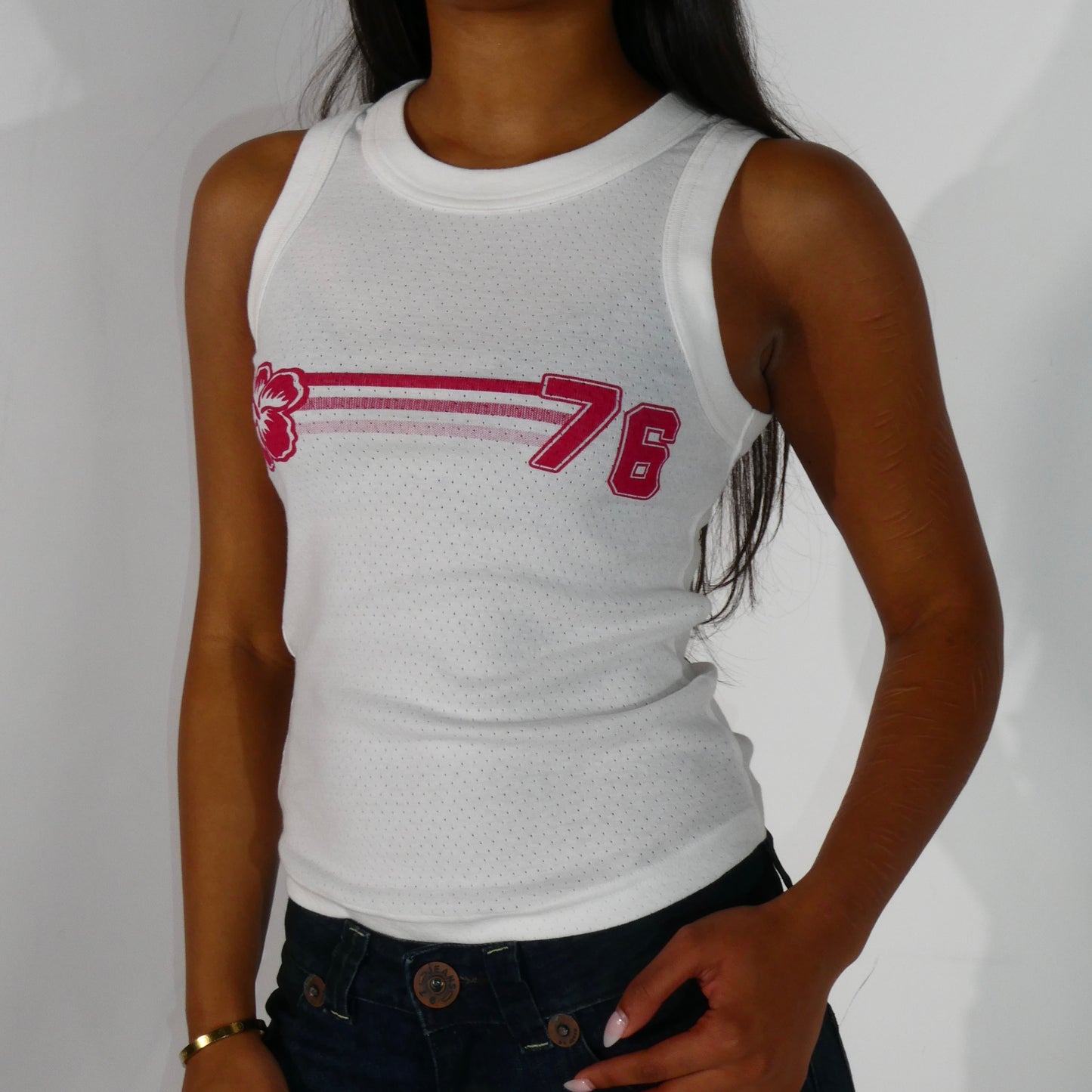 78 White Hibiscus Tank Top - Size S