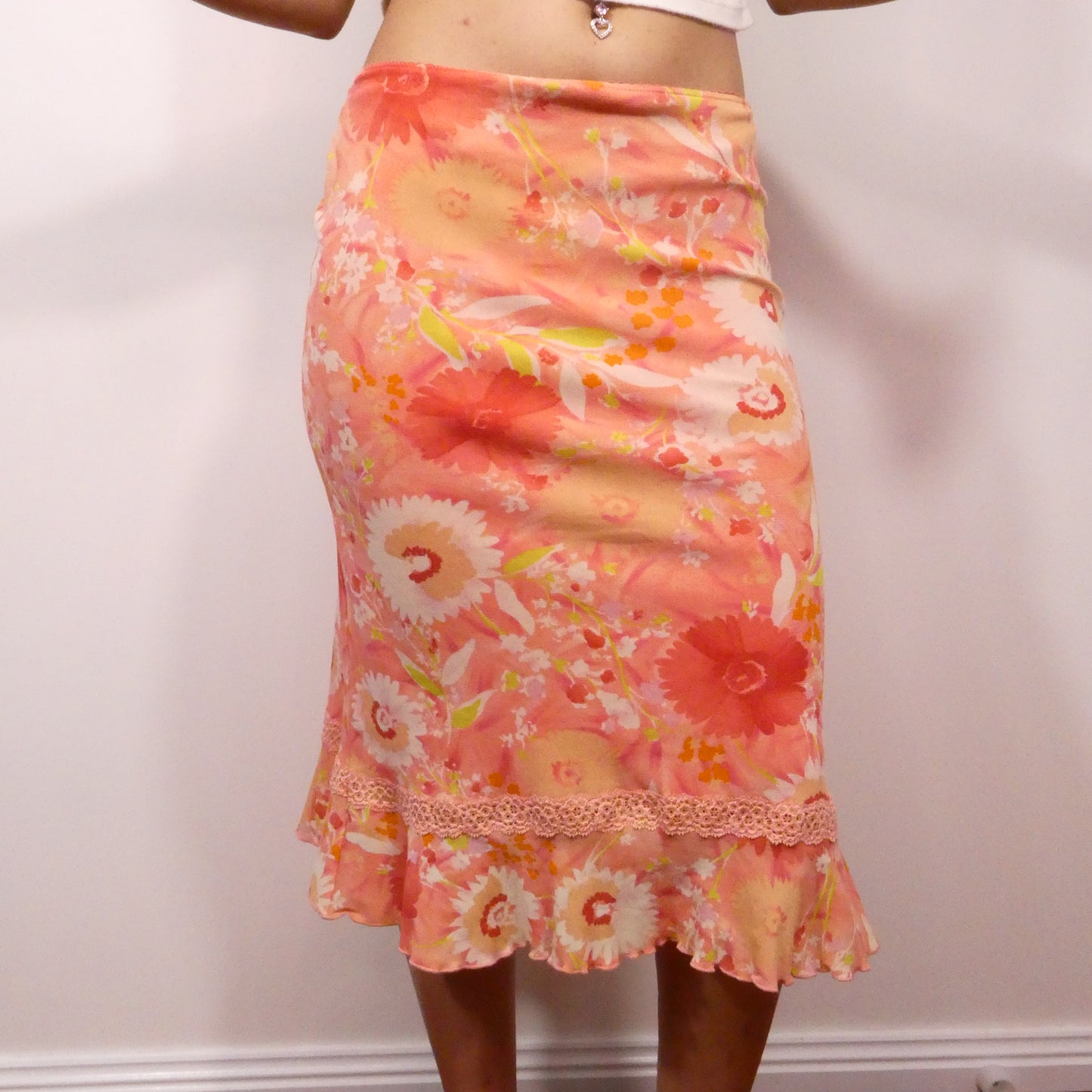 00's Kookai Coral Floral Midi Skirt- Size XS/S