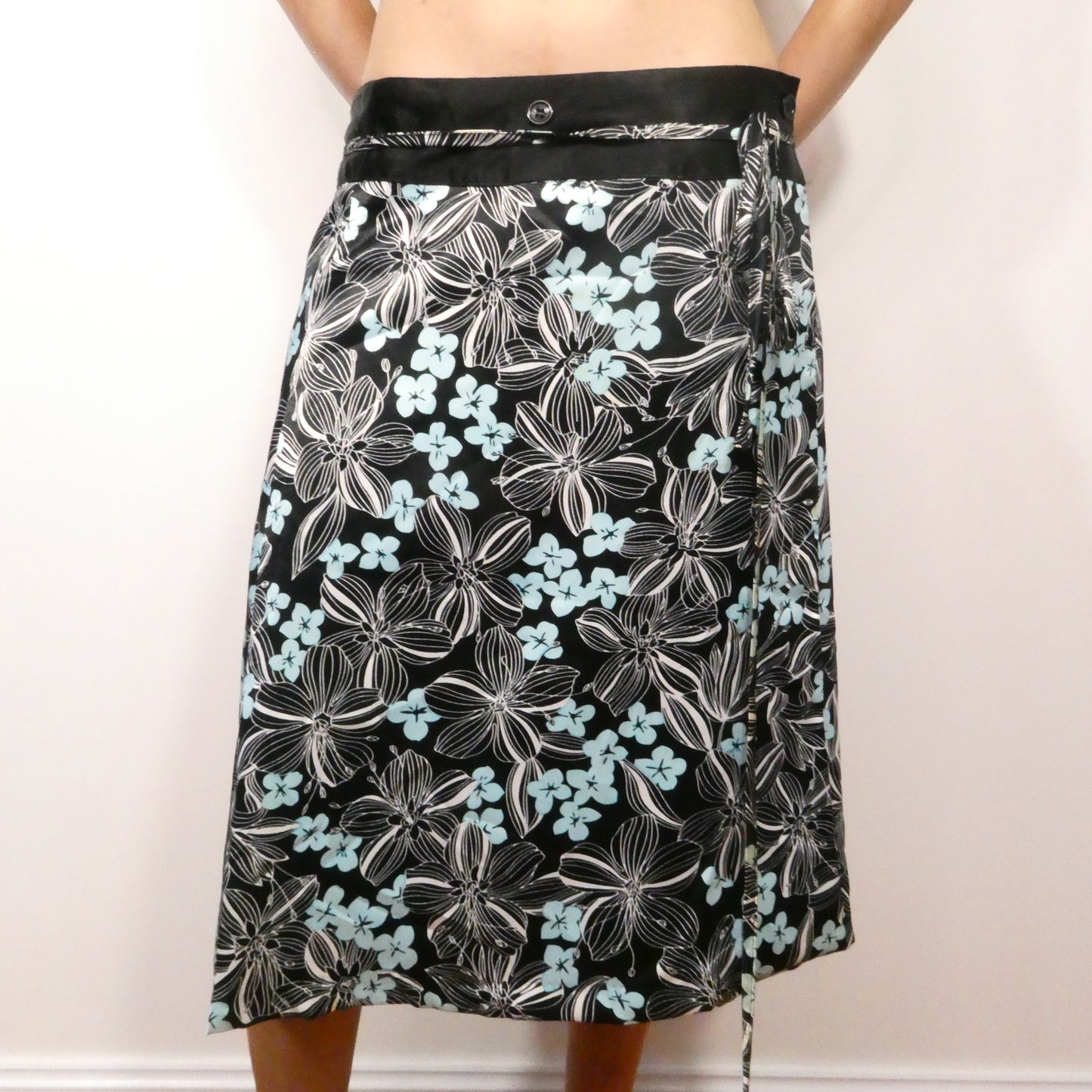 Floral black & Teal Wrap Midi Skirt - Size S