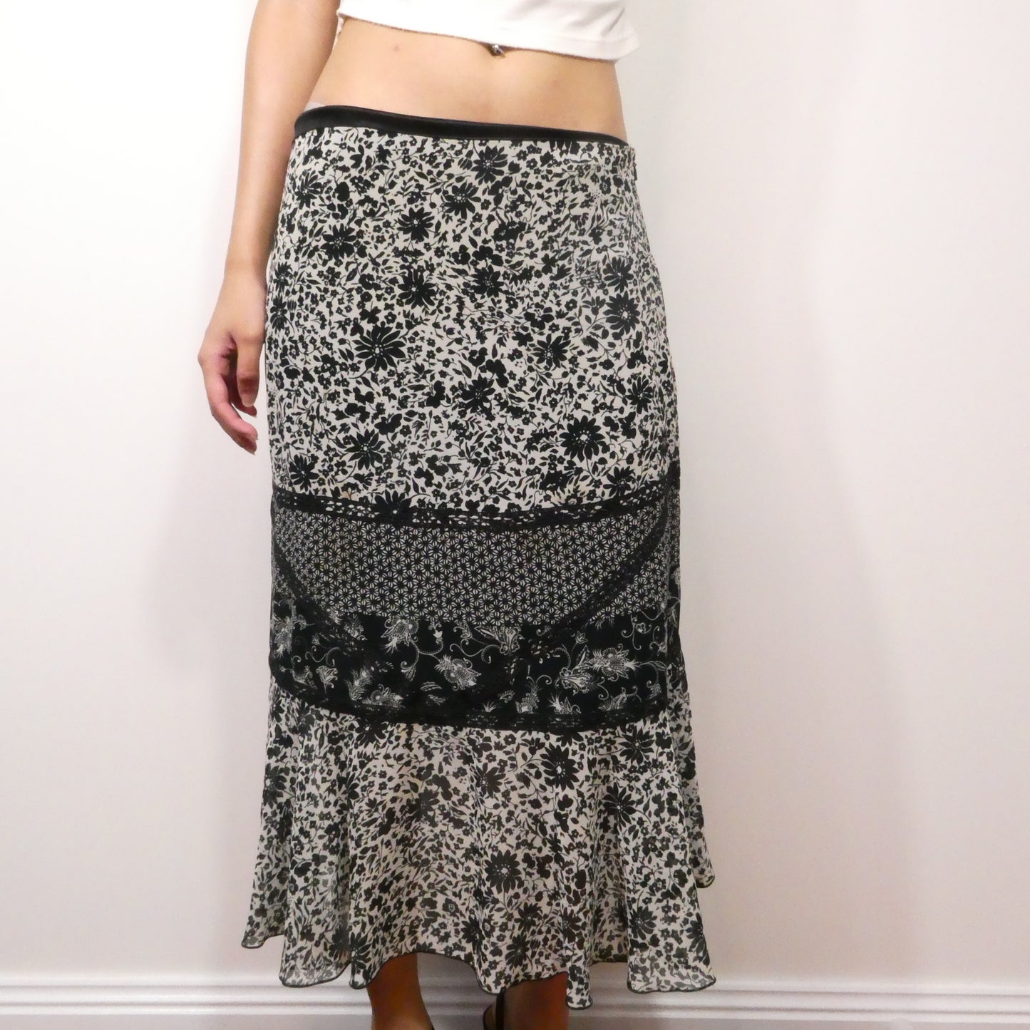 MNG Black Floral Maxi Skirt - Size S