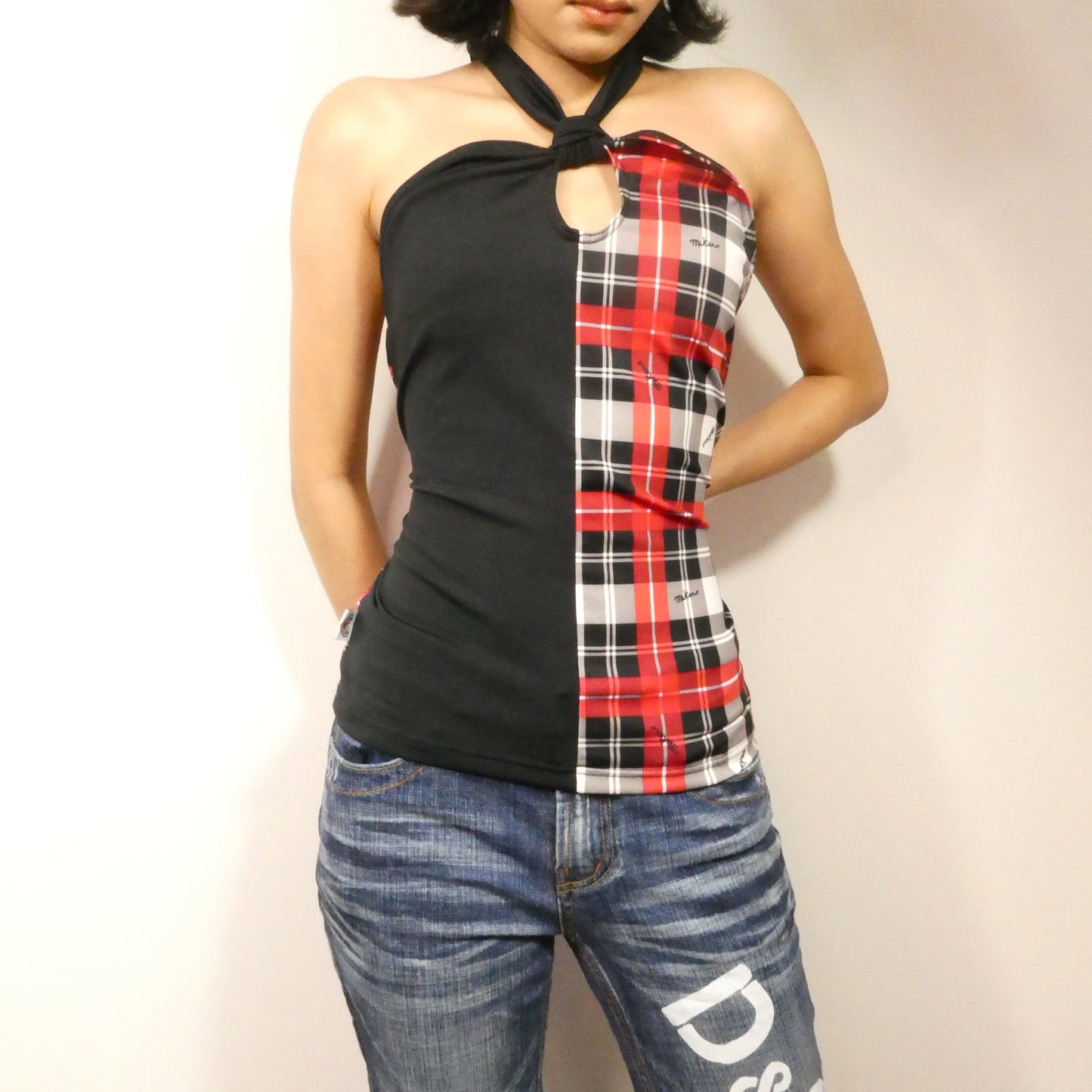 Black & Red Plaid Halter Neck Top - Size M