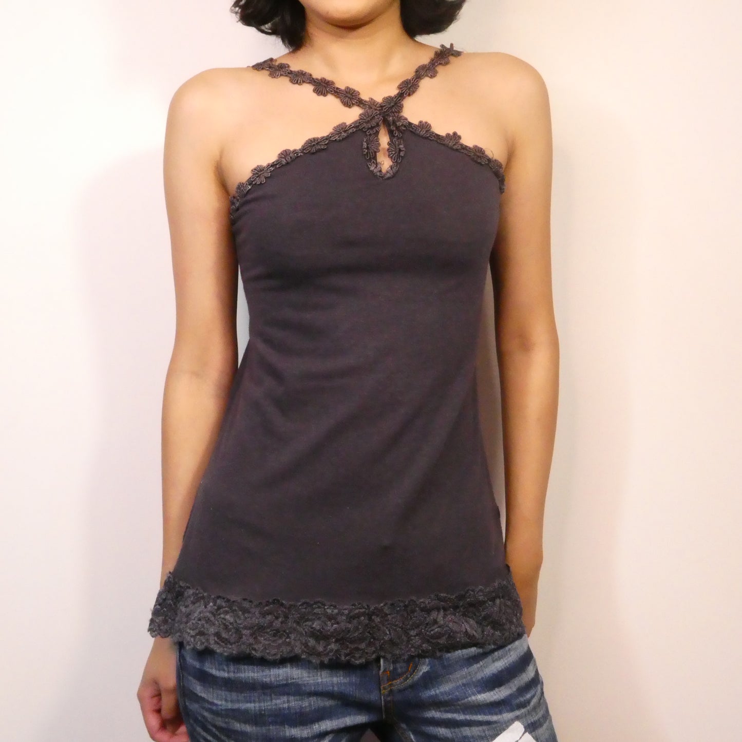 Grey Flower Halter Neck Top - Size XS/S