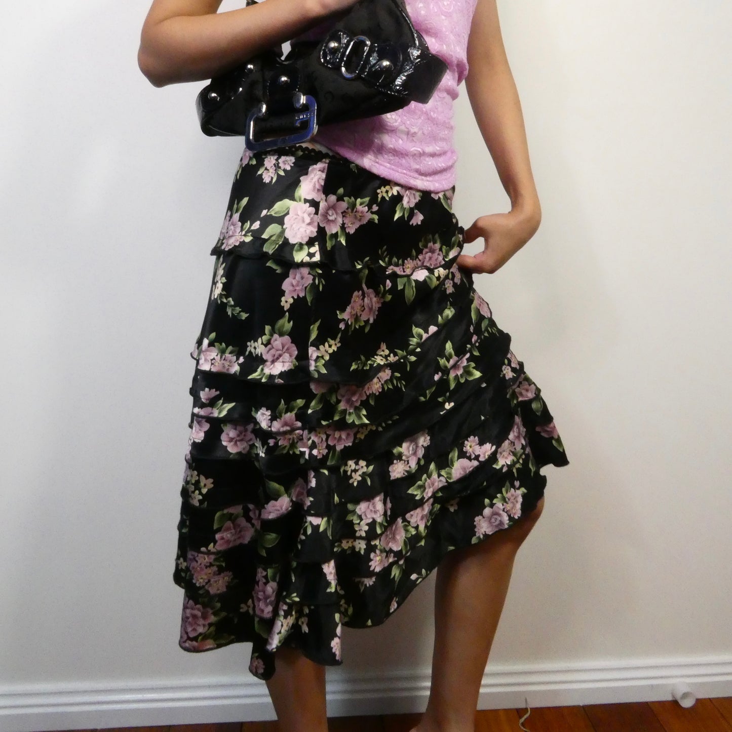 Black Floral Midi Skirt - Size S