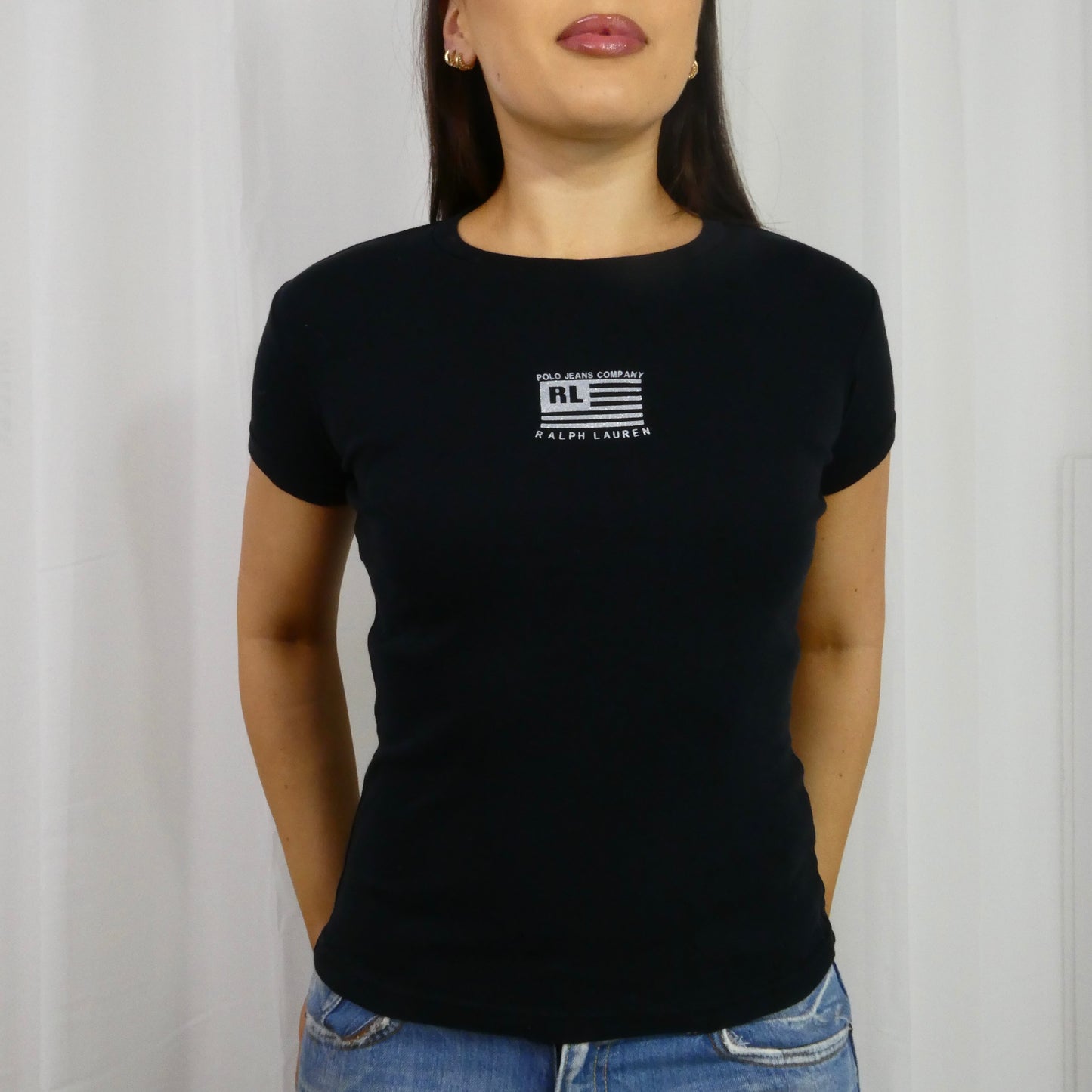 Vintage Polo Jeans Glitter Flag Baby Tee - Size XS/S
