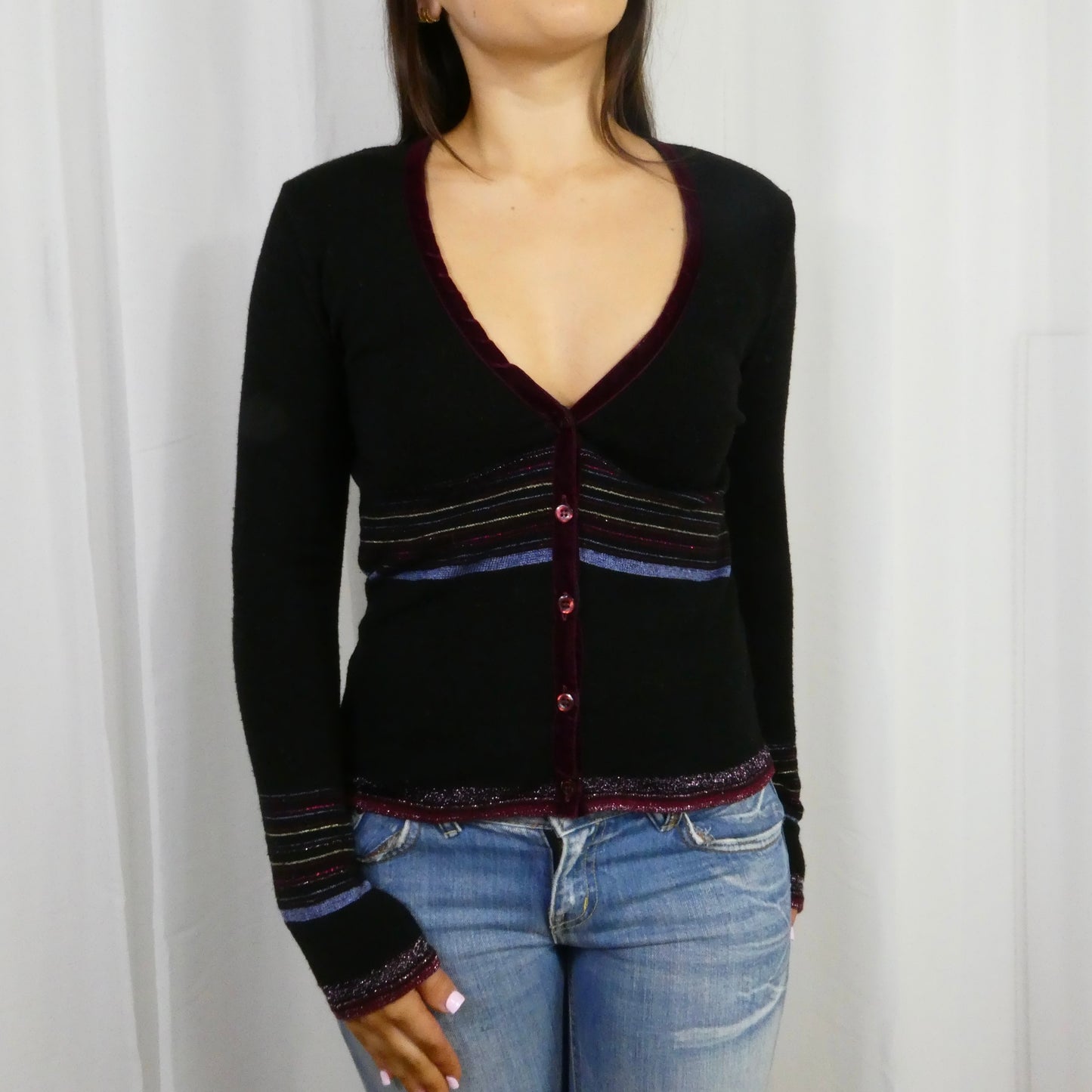 Kookai Striped V-Neck Sweater - Size M