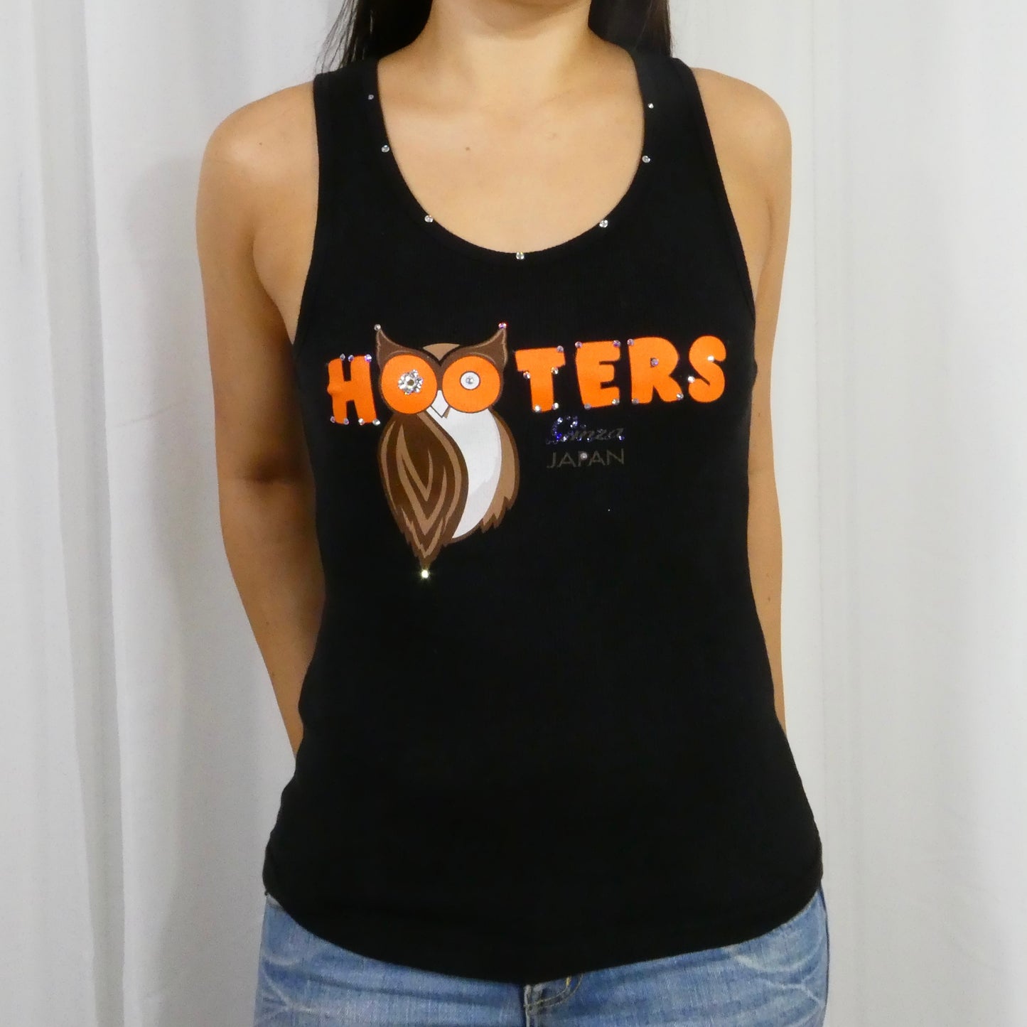 Black Rhinestoned Hooters Tank Top - Size S/M
