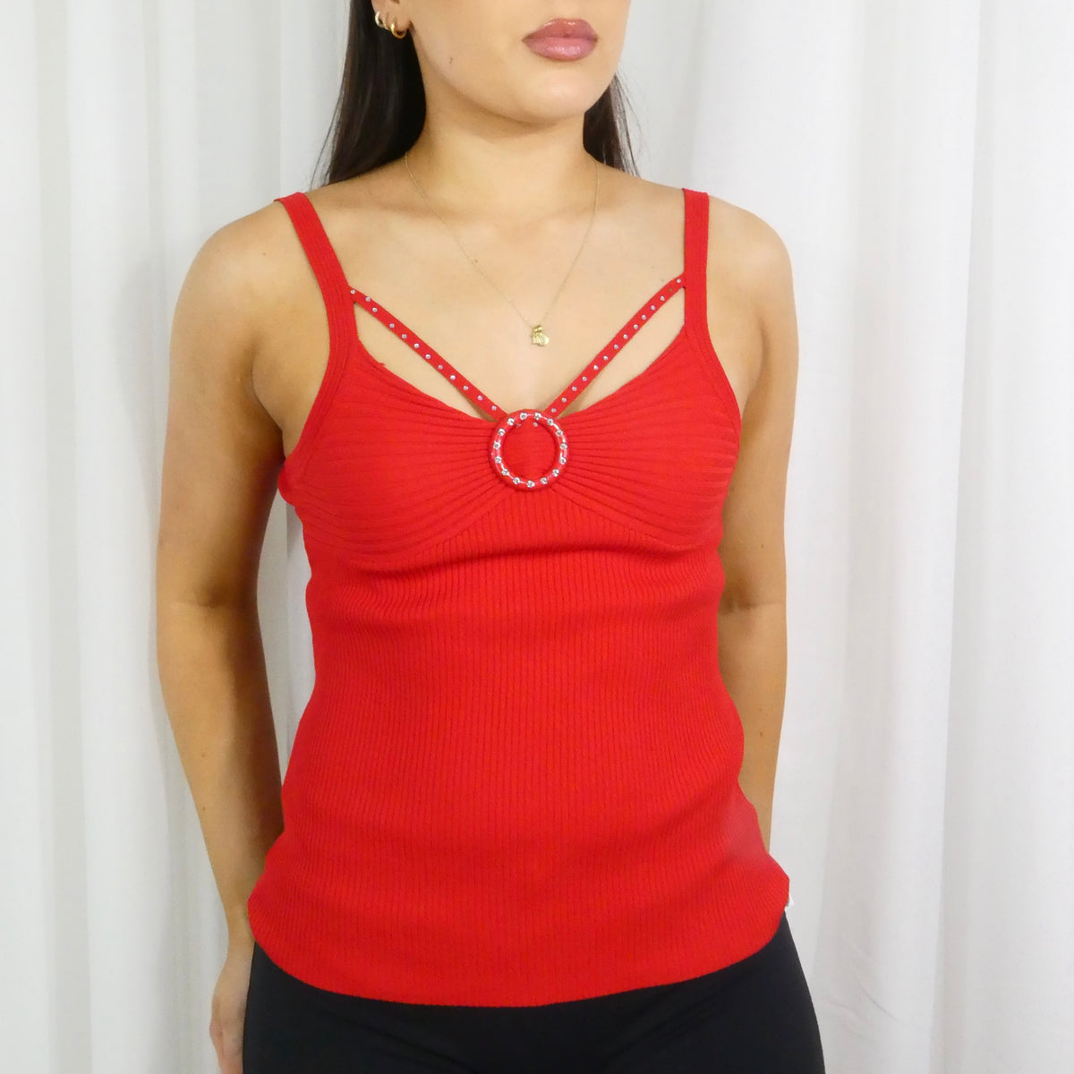 Vintage Red Ribbed Rhinestone Top - Size XS/S