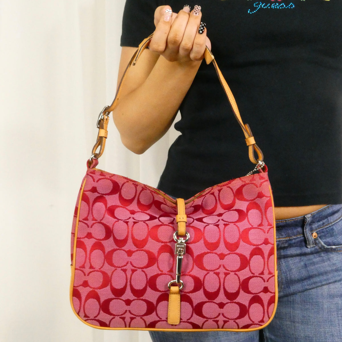 Vintage 2002 Red Coach Hamptons Signature Clip Shoulder Bag