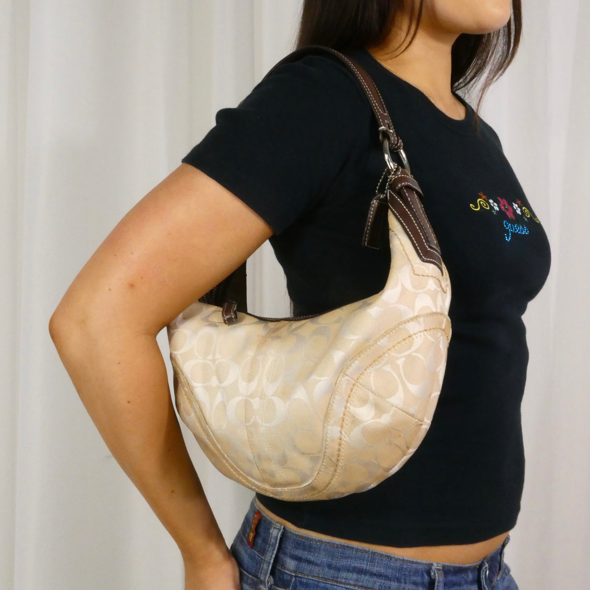 Vintage 2006 Cream Coach Signature Half Moon Hobo Shoulder Bag