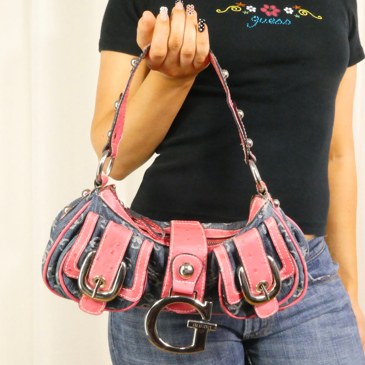 Vintage 2003 Pink Denim Guess Shoulder Bag