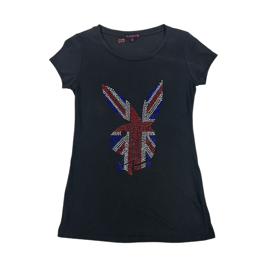 Black Union Jack Rhinestone Playboy Top - Size S