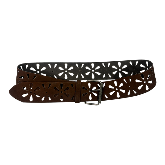 Brown Leather Flower Chunky Belt