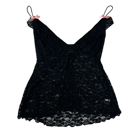 Black Lace Pink Bow Camisole - Size S/M