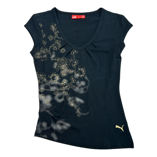 Vintage Puma Floral Asymmetrical V-Neck Baby Tee - Size XS/S
